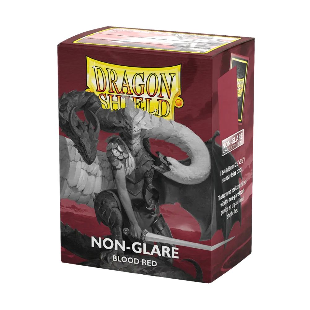 Dragon Shield Non-Glare Blood Red card sleeves box featuring a winged dragon-knight and dragon artwork