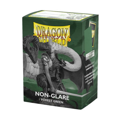 Dragon Shield Non-Glare Forest Green card sleeves box for standard trading cards, featuring greyscale armored dragon fantasy artwork