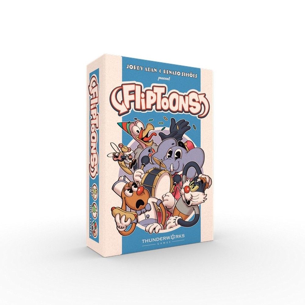 FlipToons game box featuring retro cartoon animals, including an elephant and cat, playing instruments