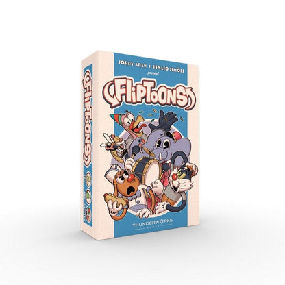 FlipToons game box featuring retro cartoon animals, including an elephant and cat, playing instruments