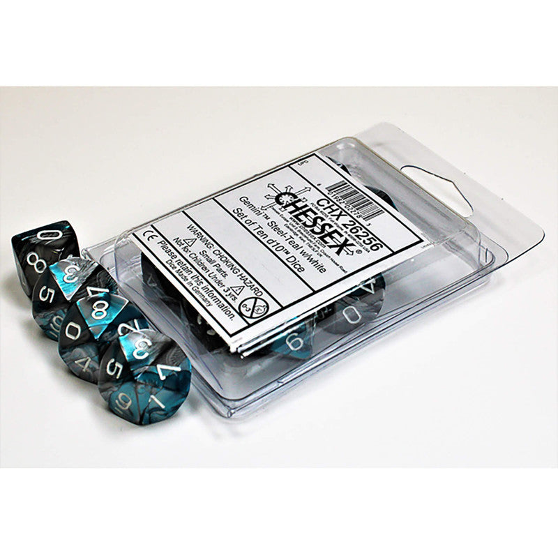 Chessex Gemini Steel-Teal d10 dice, some in a blister pack, some loose, showing black/teal swirl with white numbers