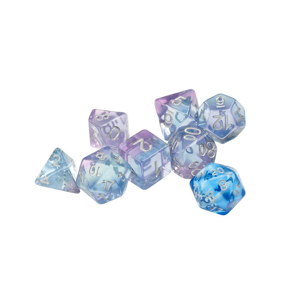 A set of seven translucent polyhedral dice in shades of purple, pink and blue with silver numbers, on white