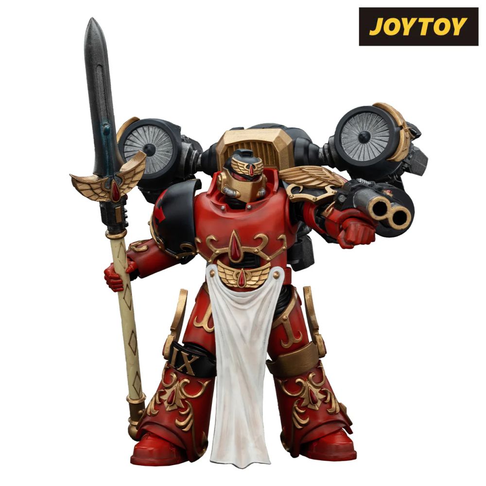 A red and gold armored figure with winged motifs holding a spear and a large dual-barreled gun