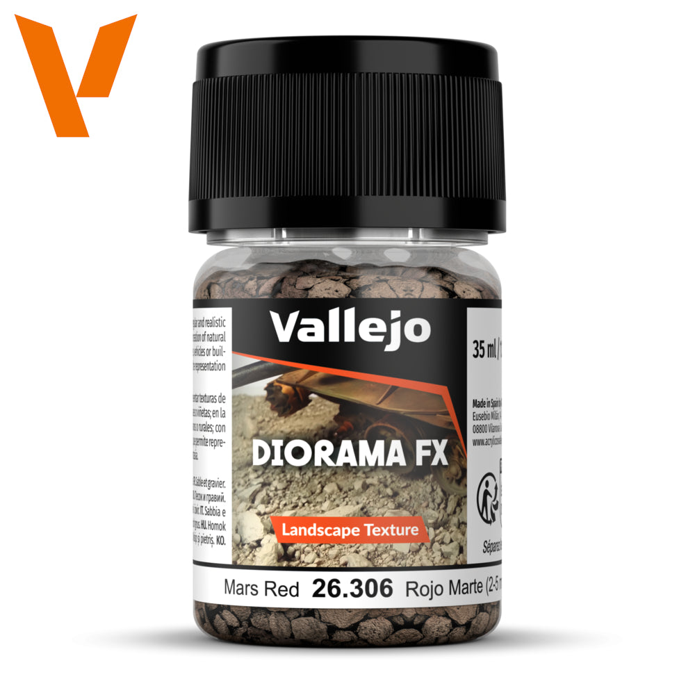 A clear jar of Vallejo Diorama FX Landscape Texture Mars Red, filled with reddish-brown granules and a black cap