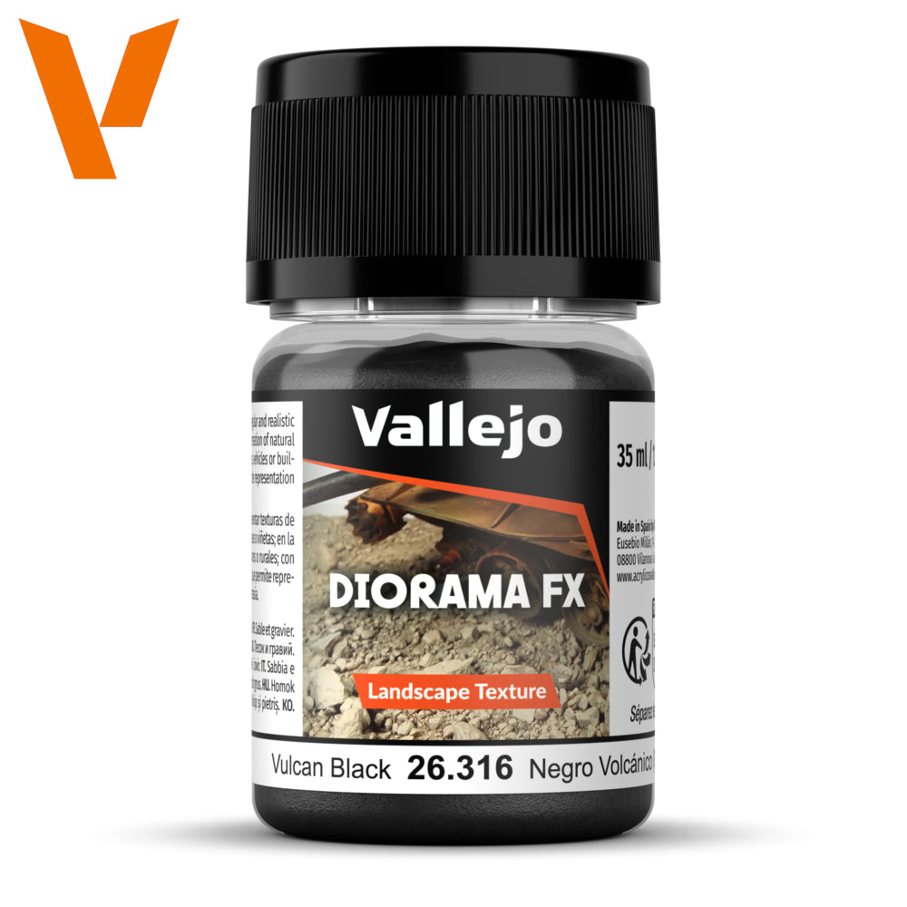 A clear jar of Vallejo Diorama FX Vulcan Black Landscape Texture, 35ml, with a black ribbed cap