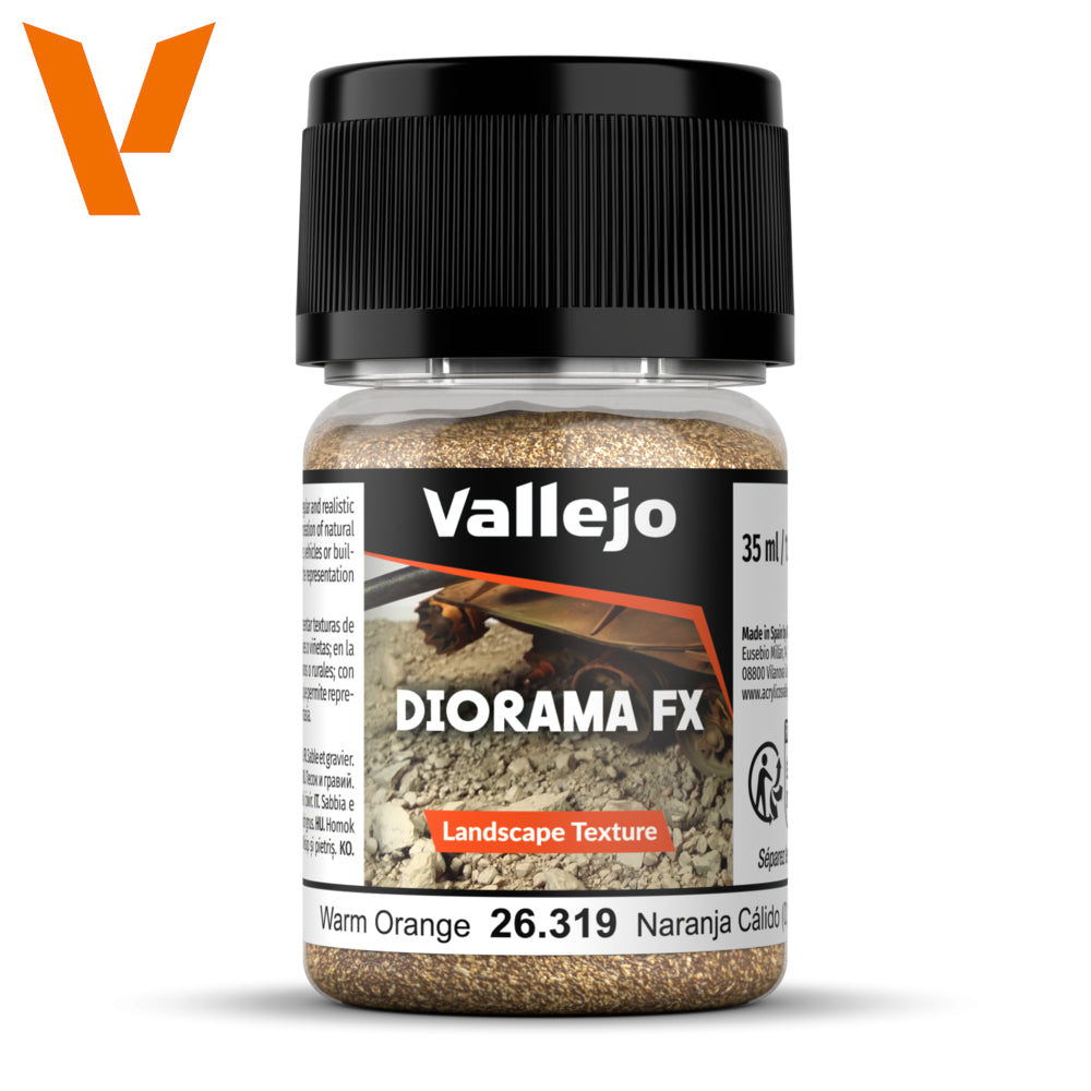 A clear jar of Vallejo Diorama FX Warm Orange granular landscape texture with a black lid