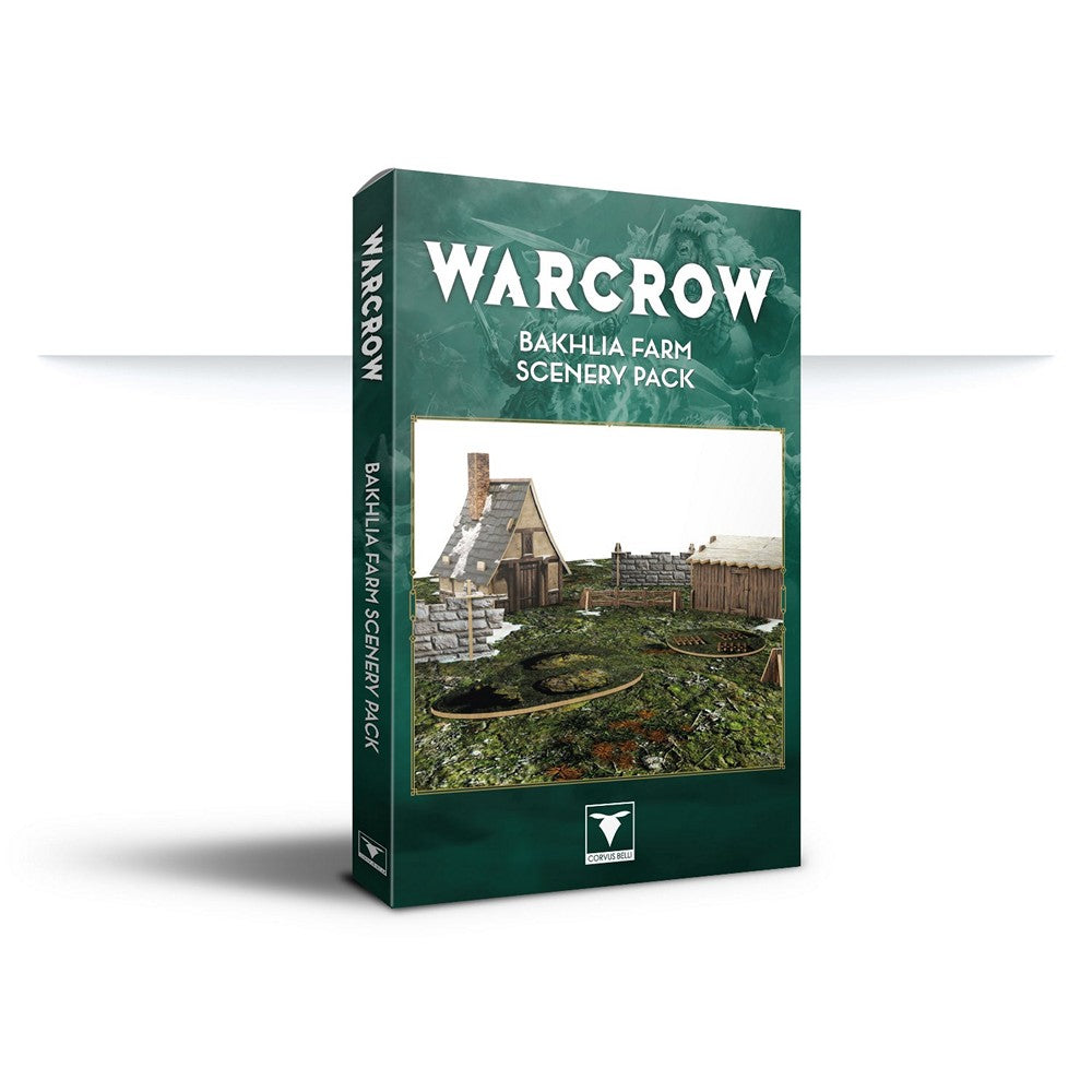 Warcrow Bakhlia Farm Scenery Pack box showing miniature farmhouse terrain and grounds