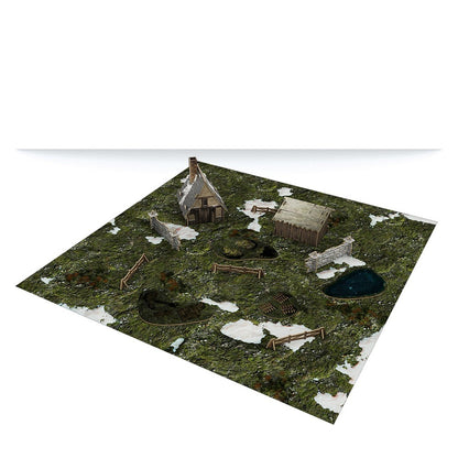 Wargaming terrain mat featuring a snowy, mossy rural setting with a cabin, shed, and pond