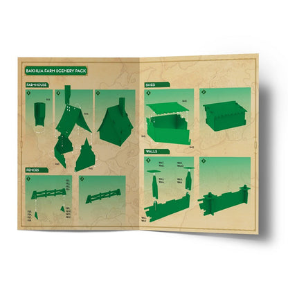 Instruction sheet illustrating assembly diagrams for 3D farm scenery models (farmhouse, shed, fences, and walls)