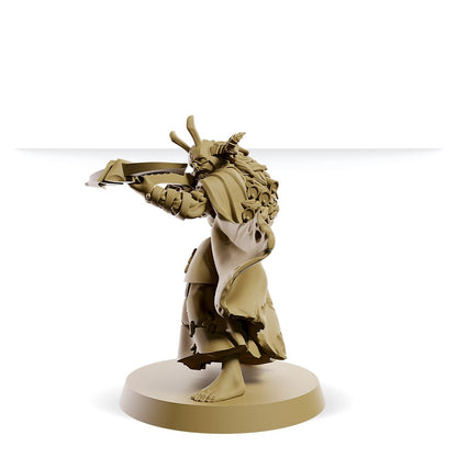 Miniature 3D render of a cloaked figure in a horned mask aiming a crossbow