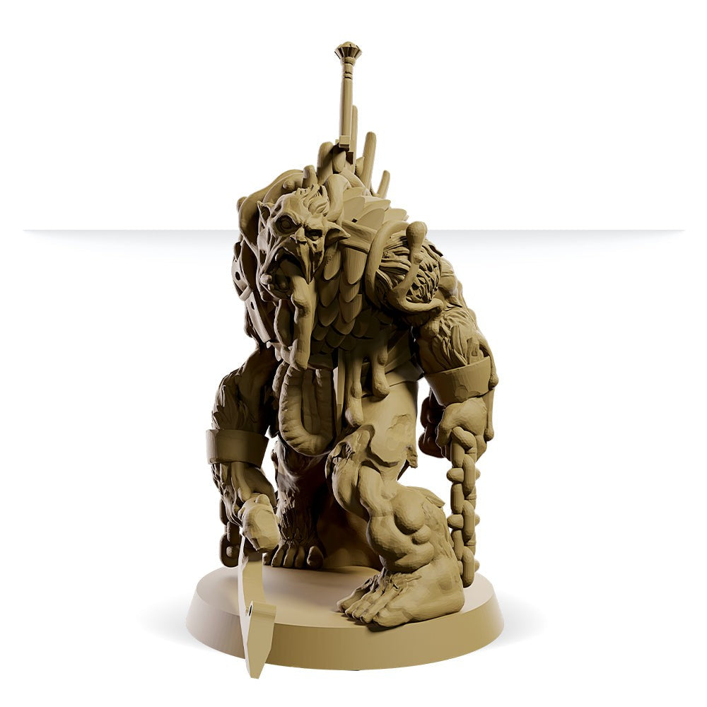 Beige 3D render of a grotesque miniature monster detailed with tentacles and heavy armor, holding a weapon