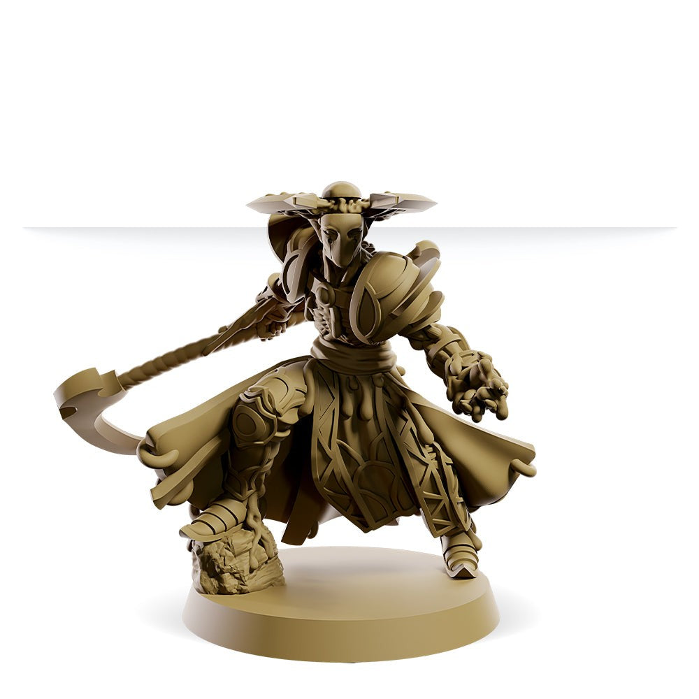 3D render of a beige armored miniature holding a large scythe, posed dynamically on a base