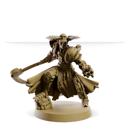 3D render of a beige armored miniature holding a large scythe, posed dynamically on a base