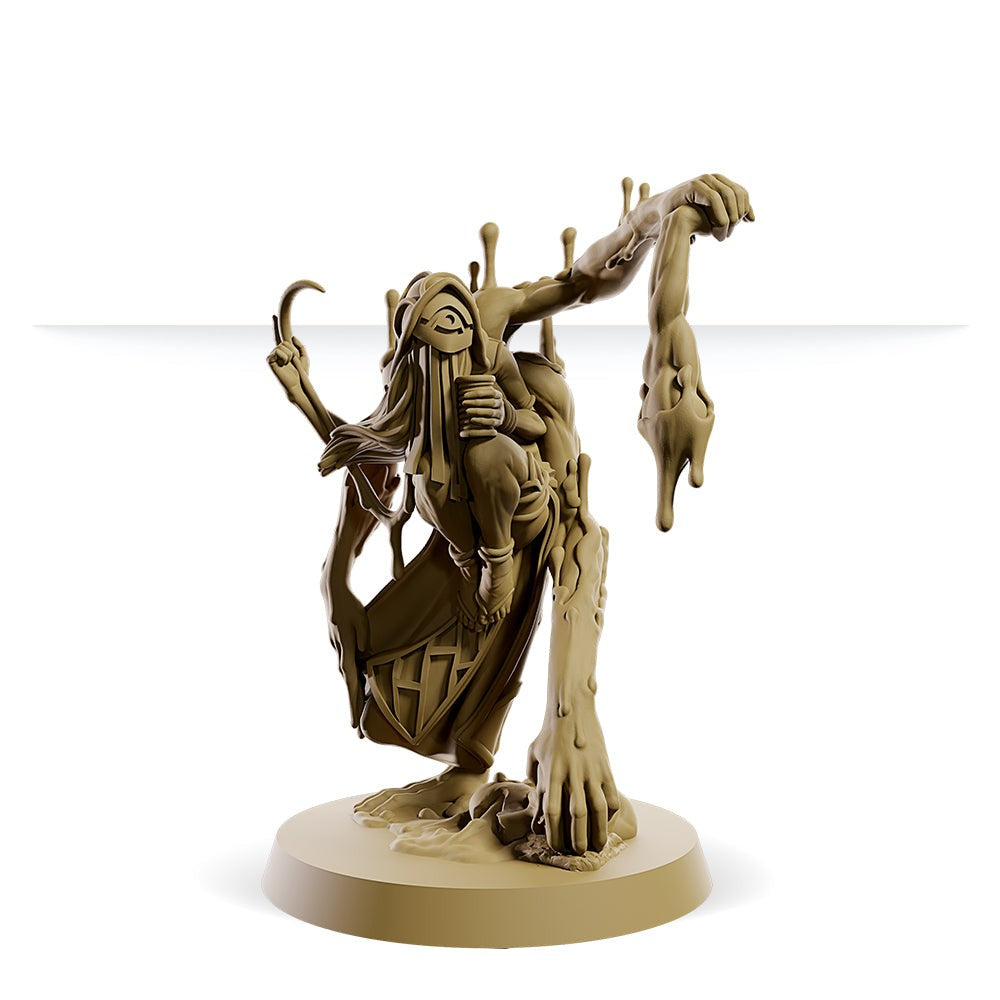 Fantasy miniature: Masked figure on a grotesque, dripping entity, holding a hook and a melting limb