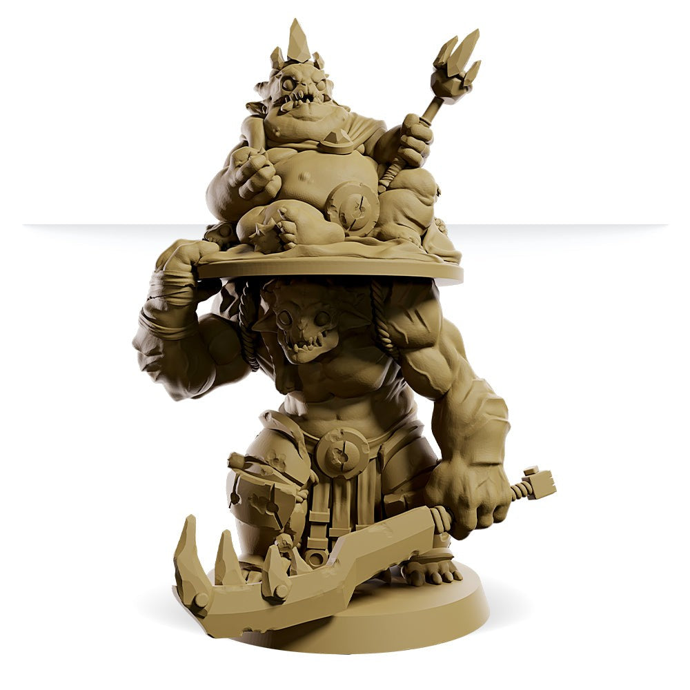Unpainted miniature of a large monstrous figure bearing a smaller, crowned king holding a trident