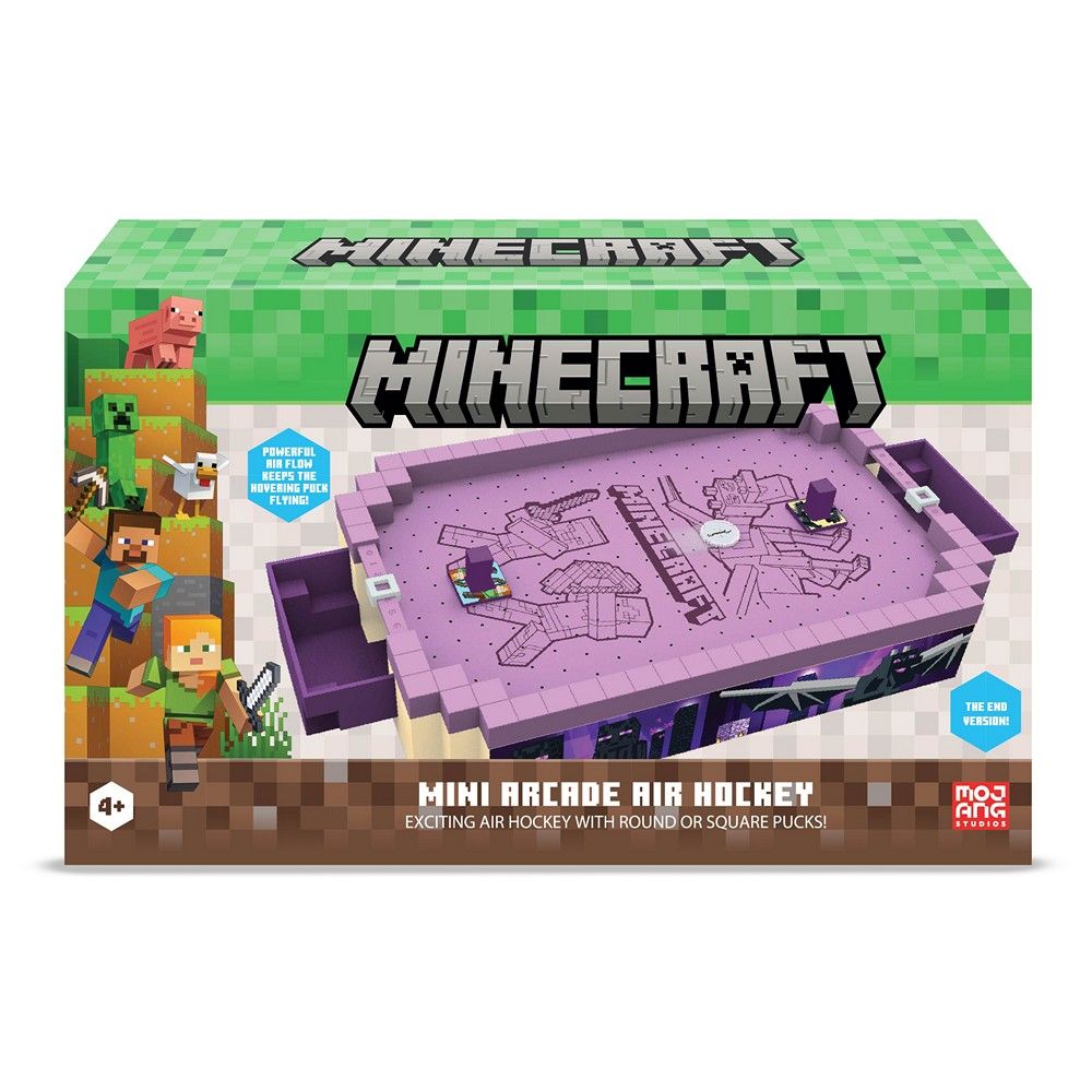 Box for the Minecraft Mini Arcade Air Hockey game, featuring the purple, block-style, End-themed playing surface
