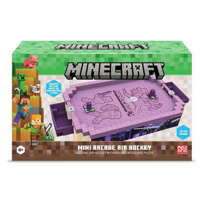 Box for the Minecraft Mini Arcade Air Hockey game, featuring the purple, block-style, End-themed playing surface