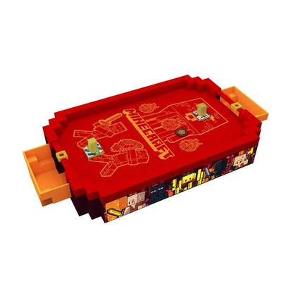 Red, blocky Minecraft tabletop arcade game or fighting toy, featuring character decorations