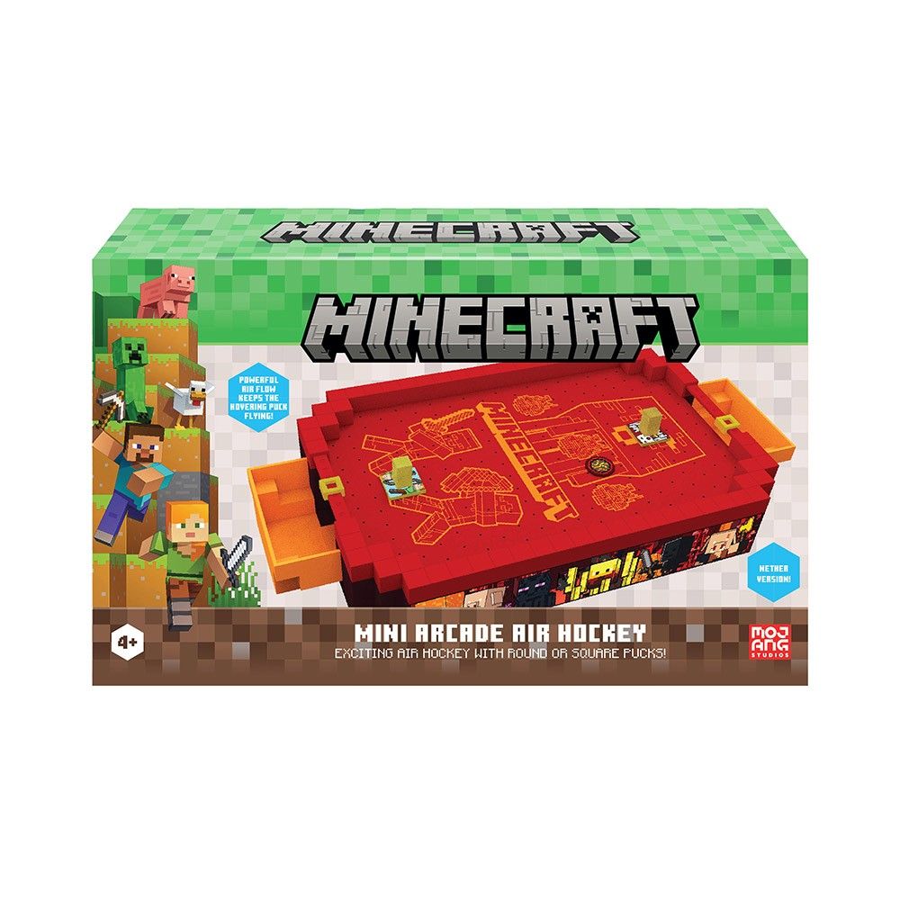 Packaging for the Minecraft Mini Arcade Air Hockey game. Shows the red, blocky game table and pixelated characters