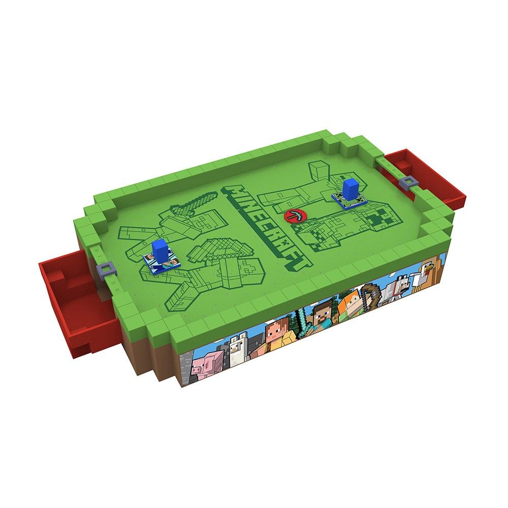 Blocky Minecraft tabletop dexterity game featuring a green surface, character decals and blue flickable figures