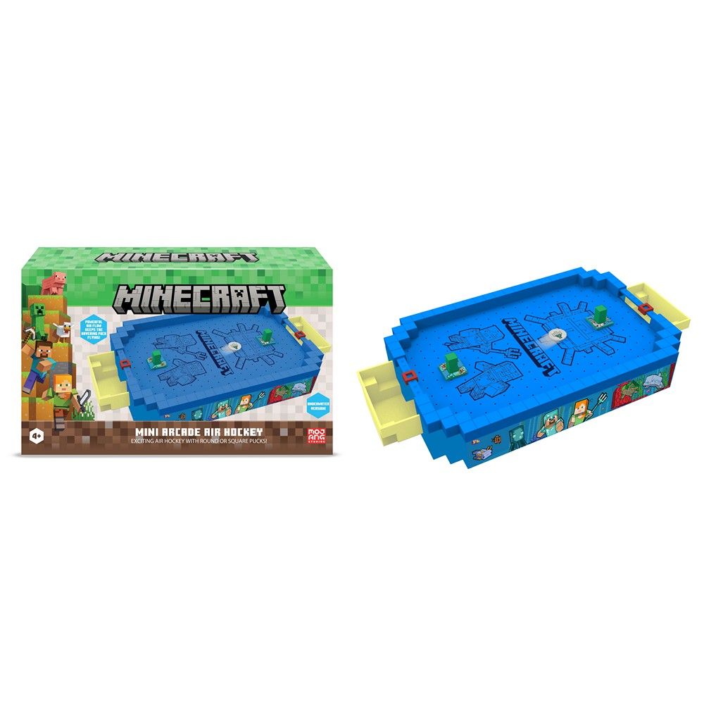 Minecraft Mini Arcade Air Hockey game shown with its green box packaging