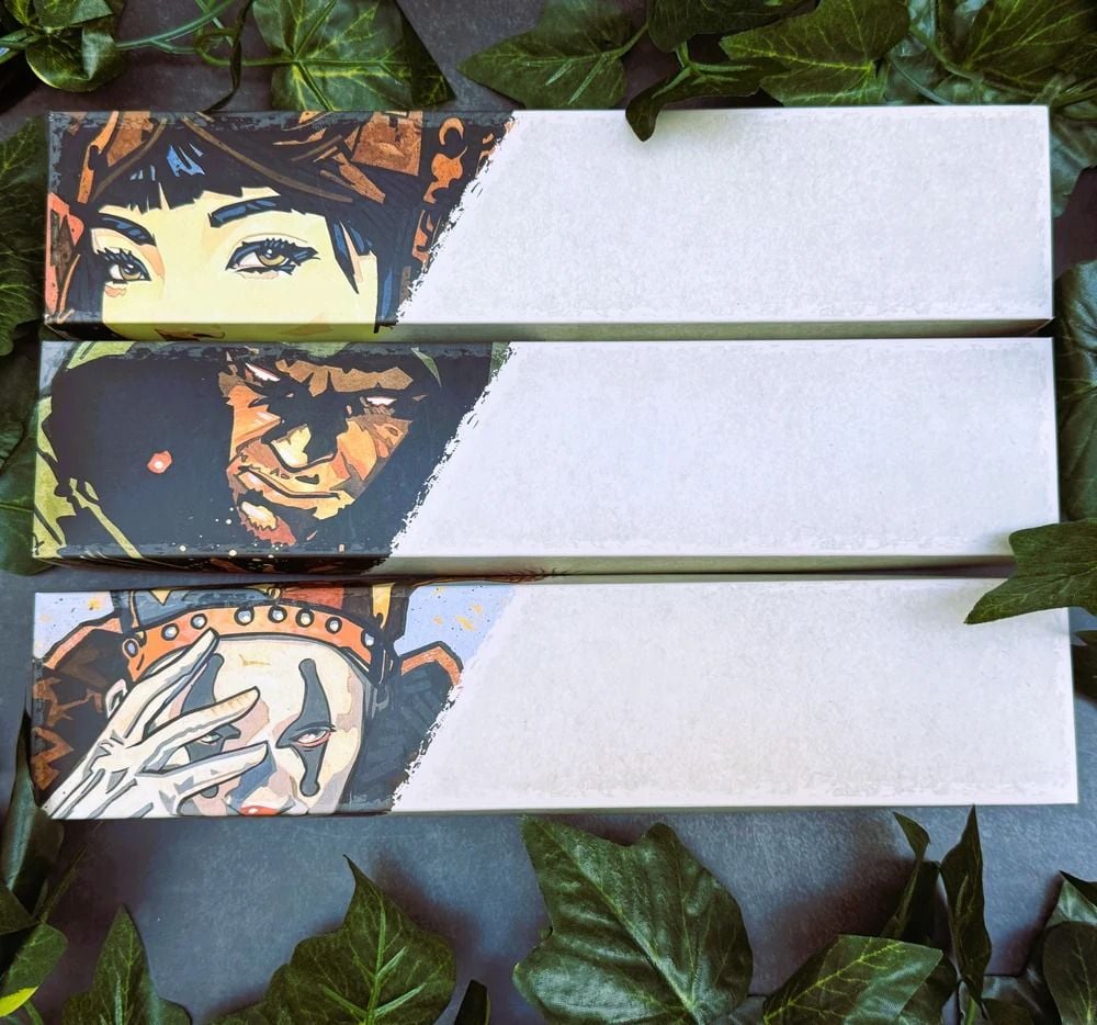 Three boxes for Blood on the Clocktower The Carousel feature comic art of a woman's eyes, a man, and a clown, transitioning to white, with green leaves