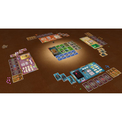 Complex board game set up on a brown table with multiple colourful boards, stacks of cards, dice, and various game pieces laid out