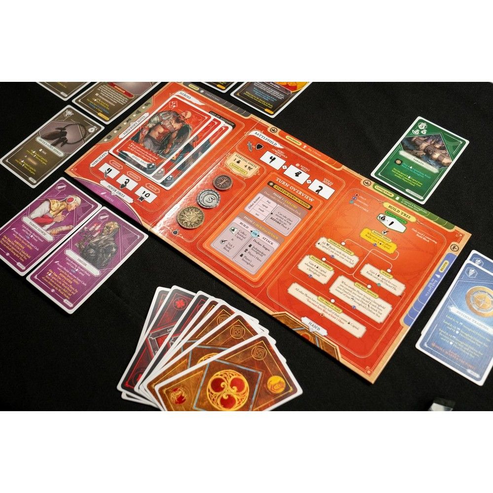 Fantasy board game setup with an orange player board, character cards, game tokens, and a stack of game cards on a black table