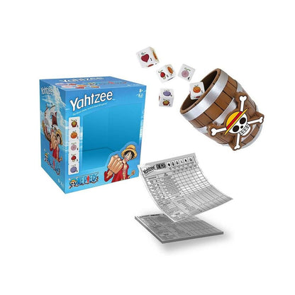 Yahtzee One Piece game set showing the box, pirate barrel dice cup with jolly roger, five custom dice, and score sheets