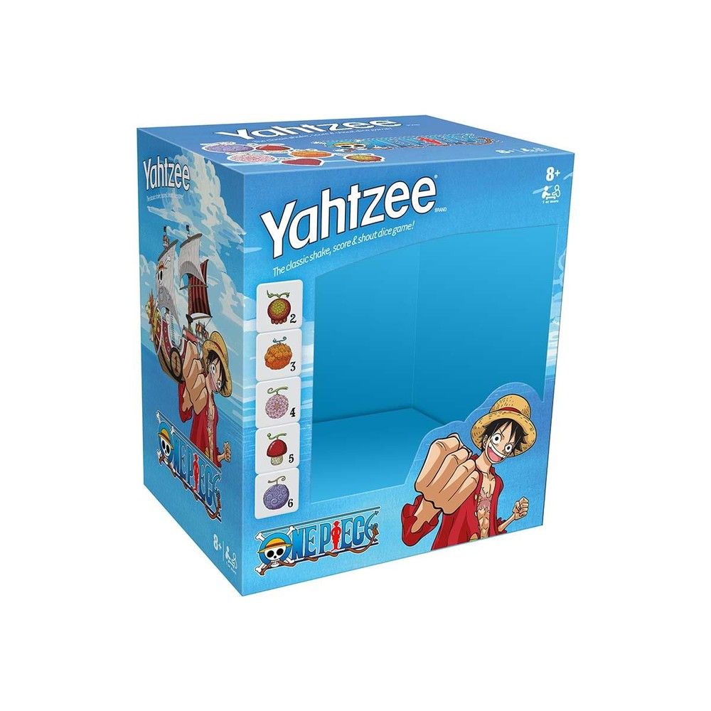 One Piece Yahtzee dice game box, blue, showing Monkey D. Luffy and Devil Fruits on the packaging