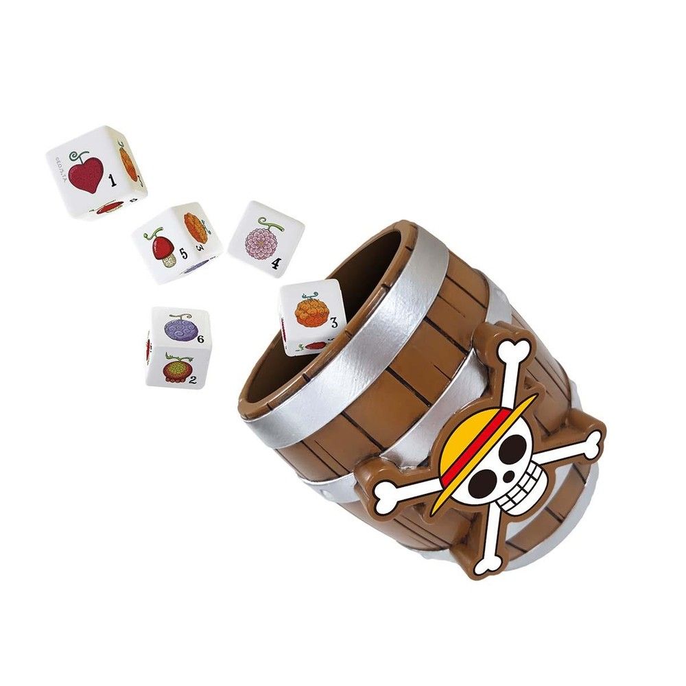 Brown wooden dice cup featuring the One Piece Jolly Roger, with six Devil Fruit dice rolling out