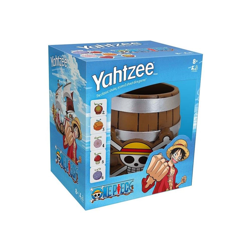 Yahtzee One Piece edition board game box showing Monkey D. Luffy and a wooden barrel dice shaker