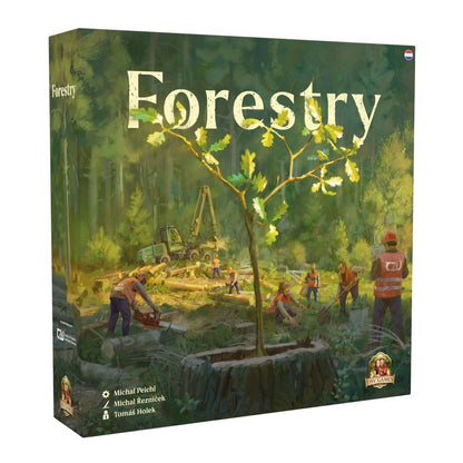 Cover art showing foresters logging and planting trees in a woodland setting, dominated by a young oak