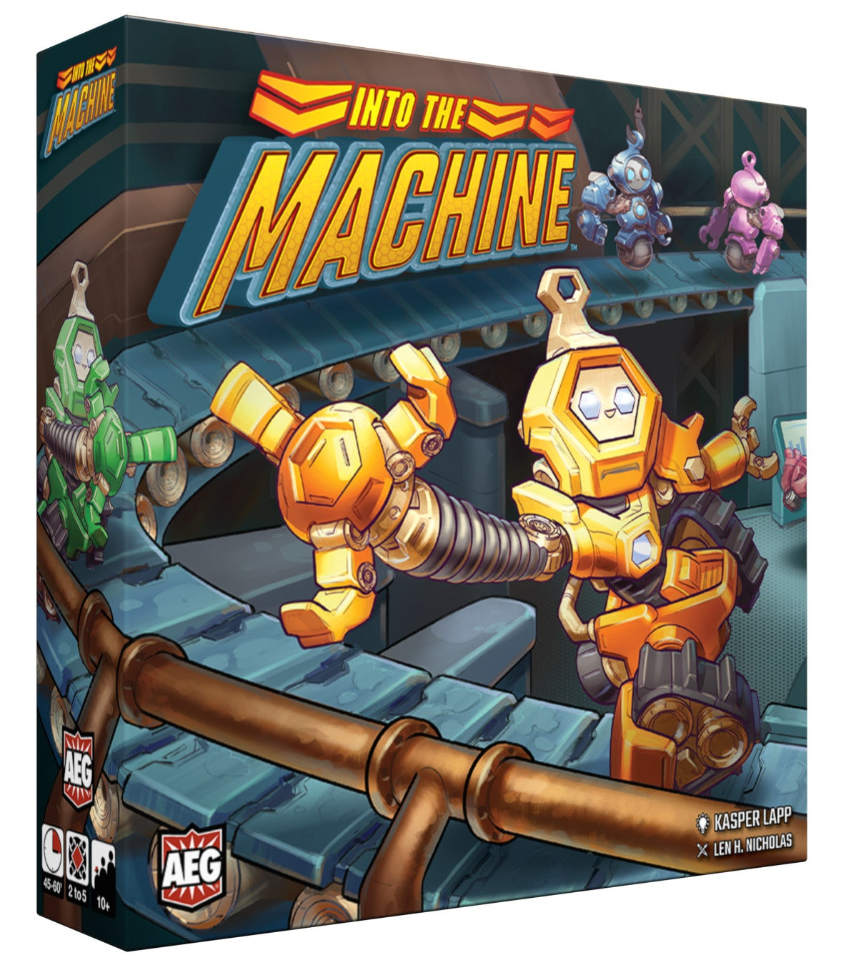 The Into the Machine board game box displays a bright yellow robot on a conveyor belt, noting it is for two to five players aged ten and up