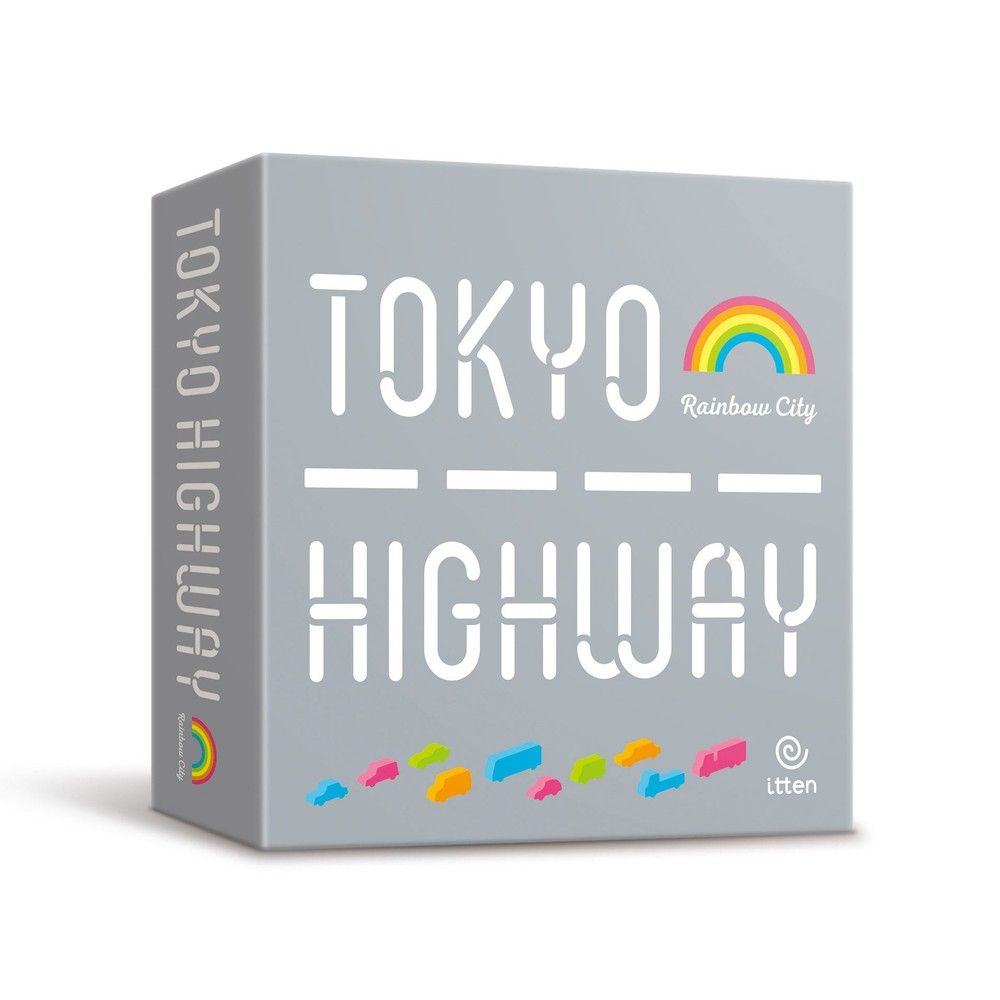Tokyo Highway board game box. Gray cover with white stencil text, highway lines, and colorful car tokens