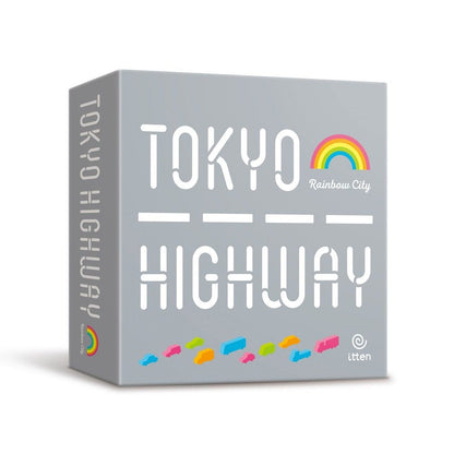 Tokyo Highway board game box. Gray cover with white stencil text, highway lines, and colorful car tokens