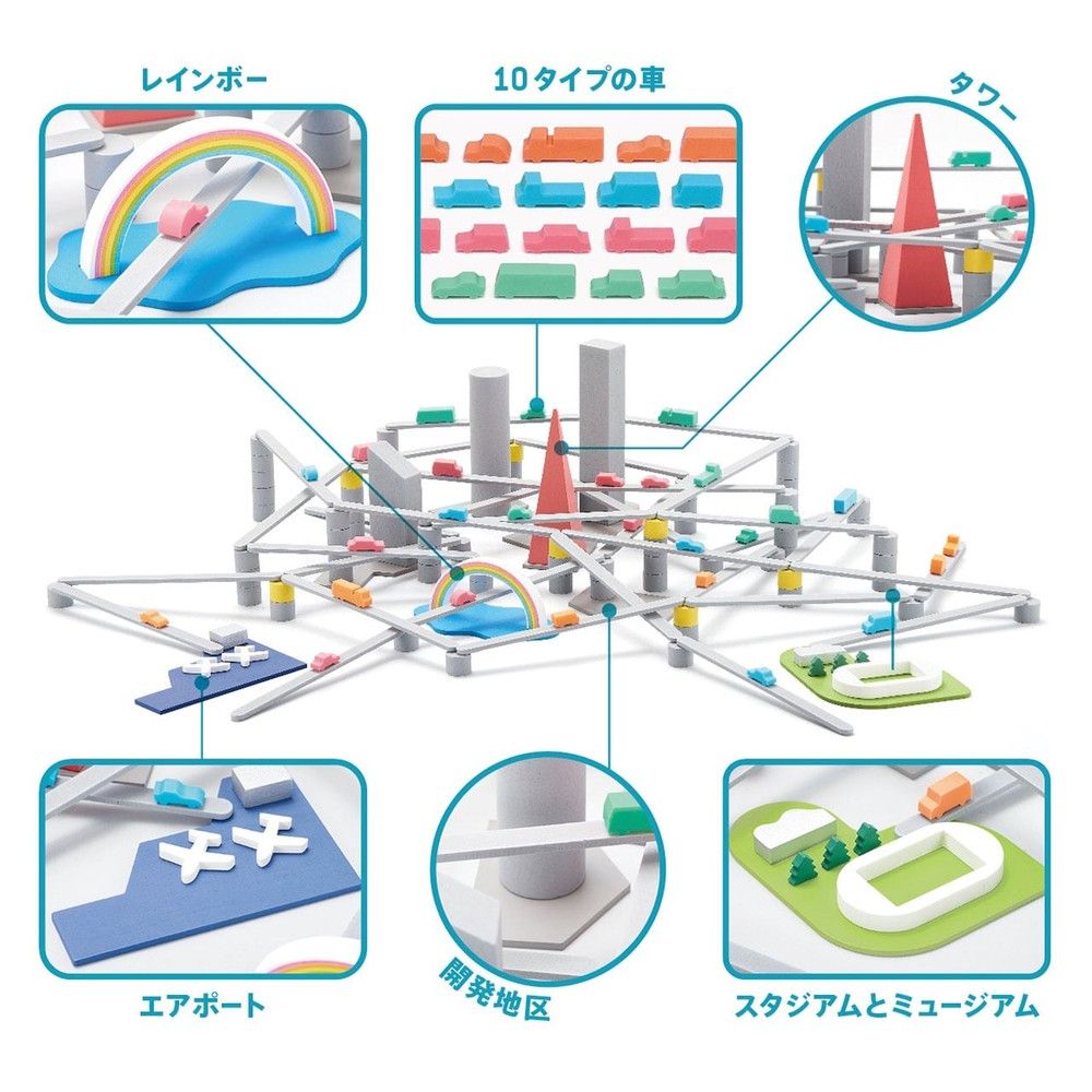 Diagram of a modular toy city built with elevated gray tracks, featuring colorful car tokens and inset details of components