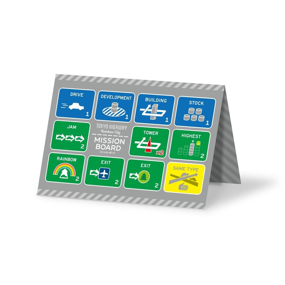 Tokyo Highway Rainbow City board game mission card, displaying a grid of objectives labeled Drive, Building, Tower, and Exit