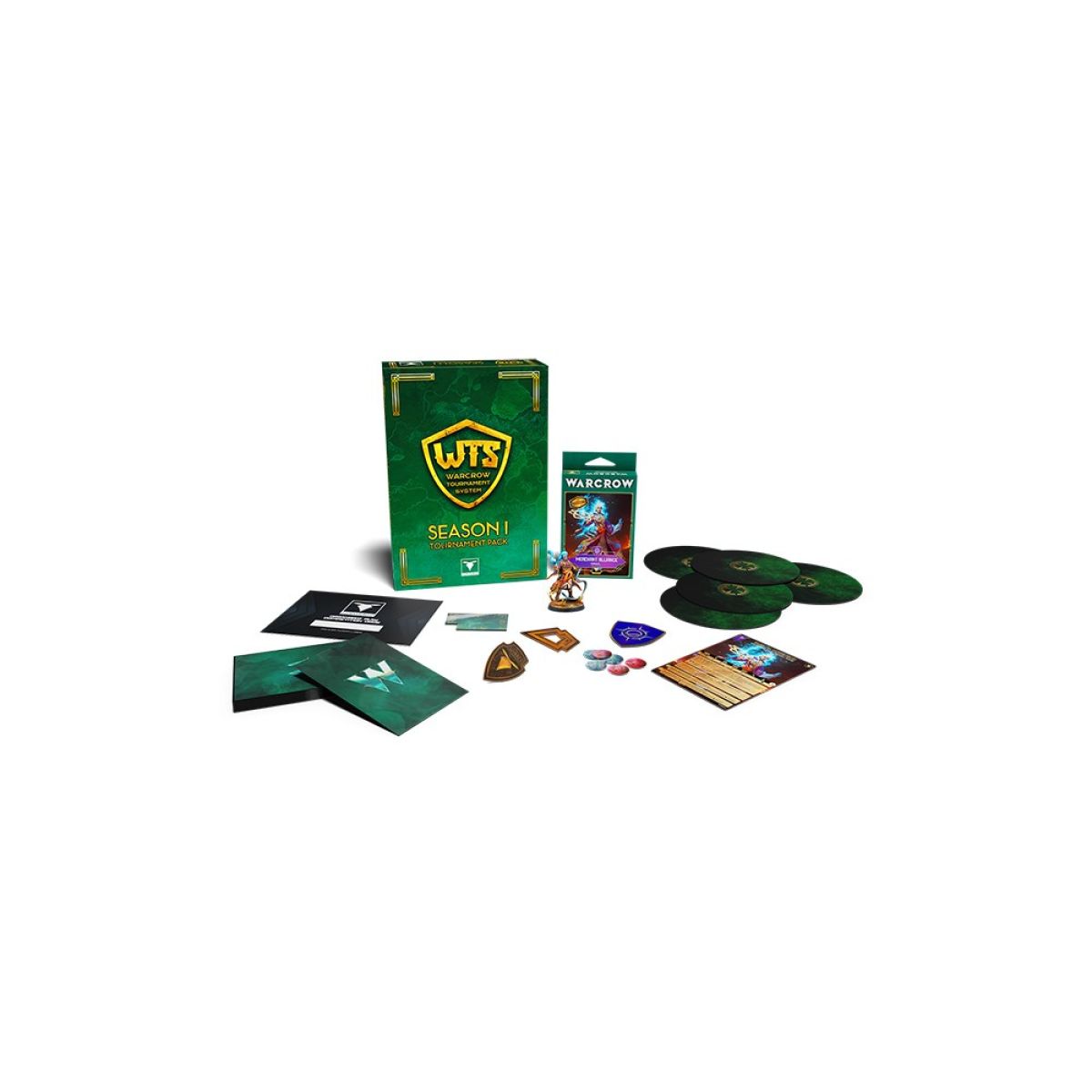 Warcrow Tournament System Season I kit components, featuring the large green box, a miniature, cards, and tokens