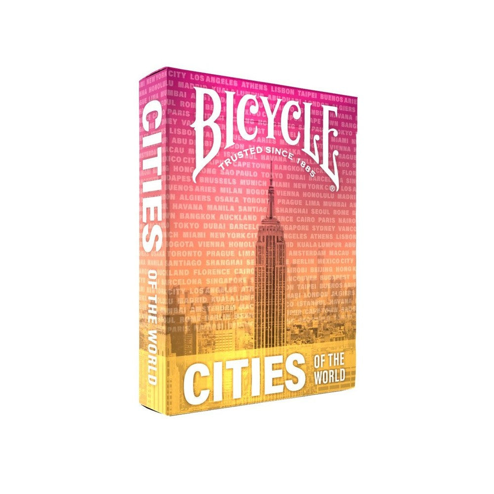 Bicycle "Cities of the World" playing card tuck box with city names and a skyscraper graphic