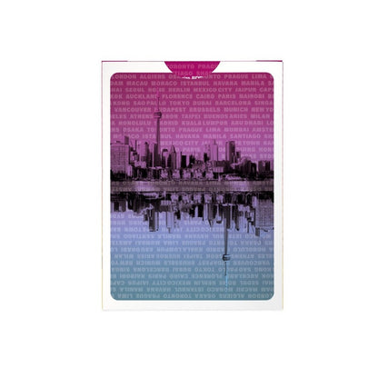 Purple skyline graphic with a reflection, layered over repeating lists of world city names