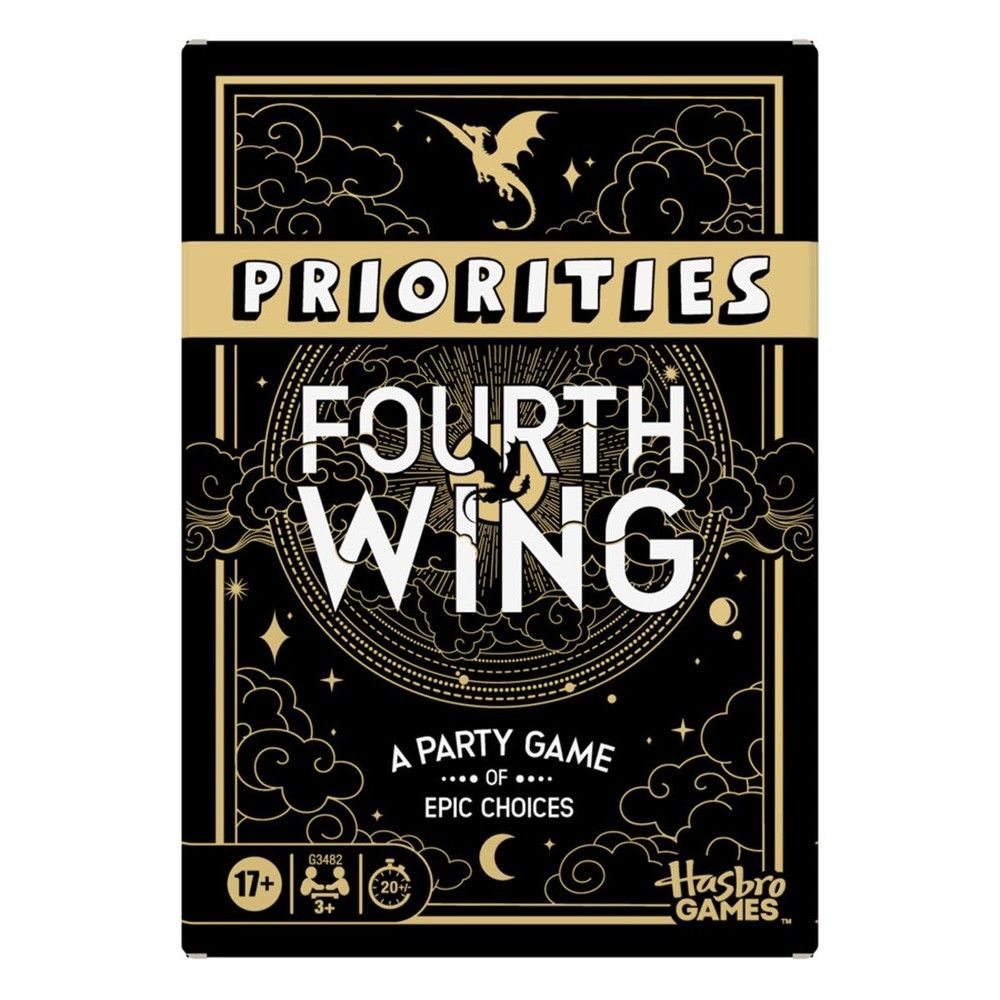Box cover for "Priorities Fourth Wing" party game, black and gold design featuring a stylized dragon