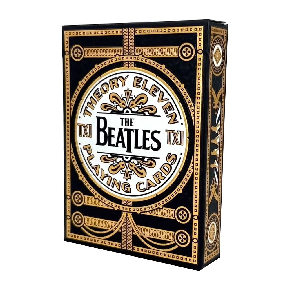 Black and gold tuck box for The Beatles playing cards by Theory Eleven, featuring ornate foil design