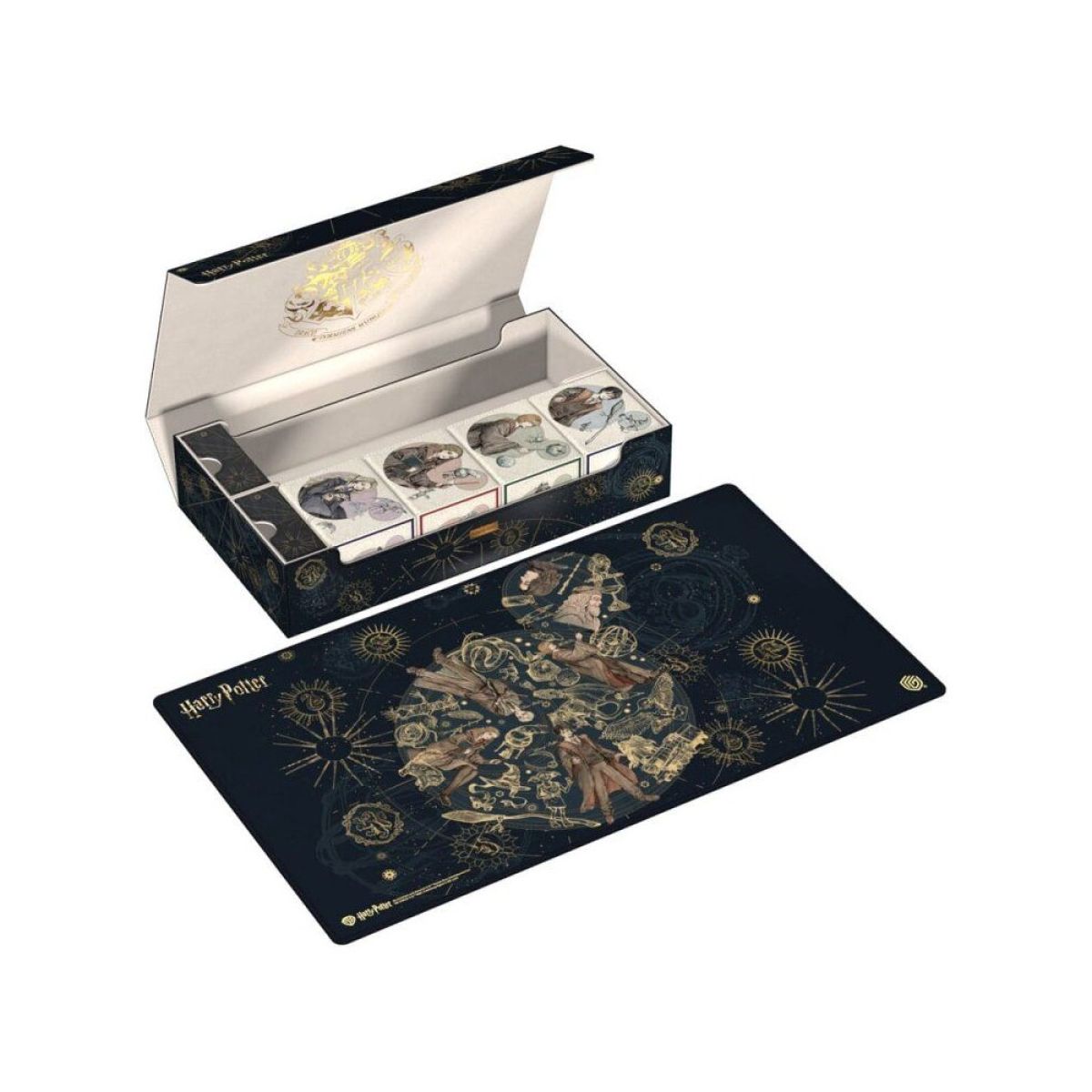 Open Harry Potter box containing character tapes and a dark blue mat featuring gold celestial artwork