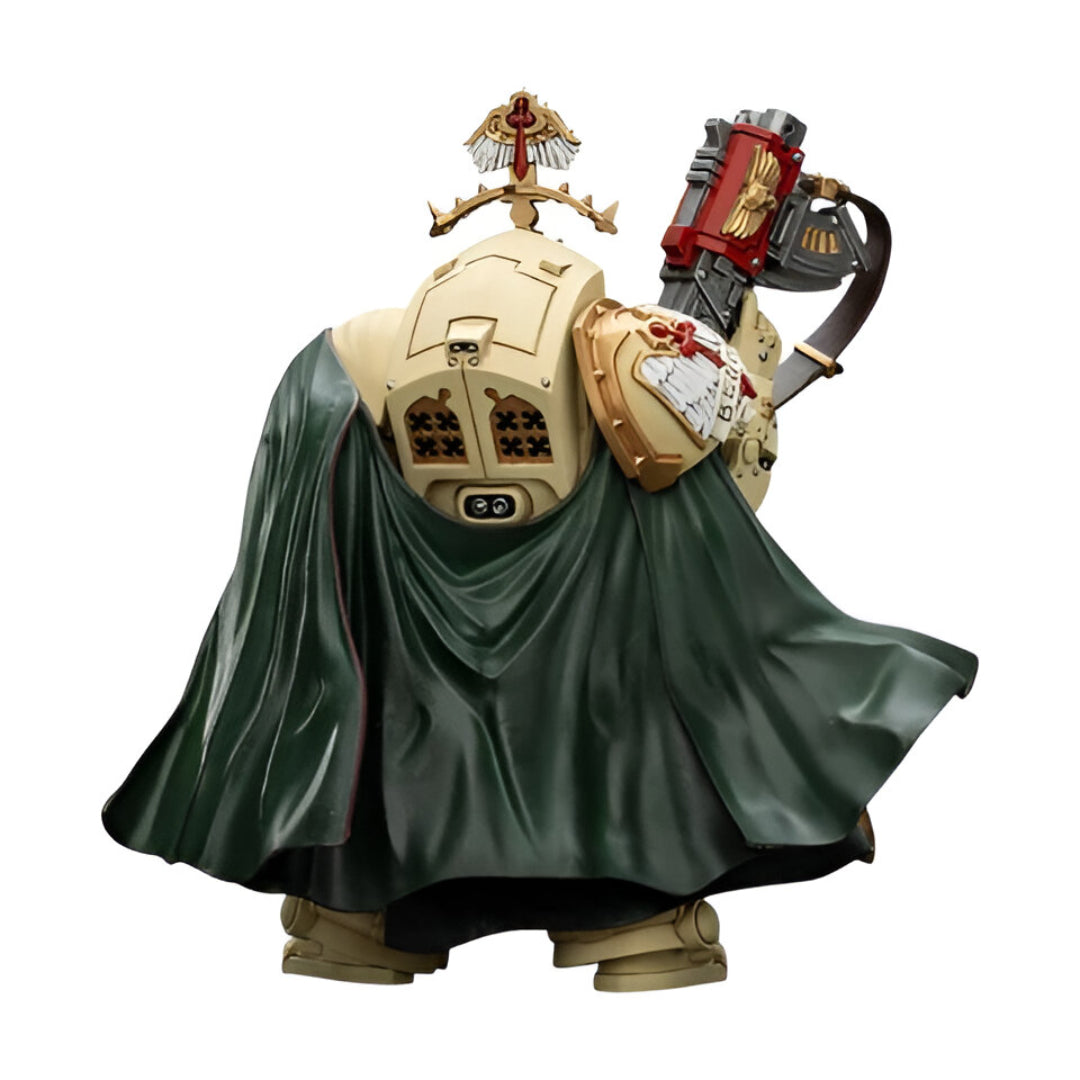 Armored warrior in bone-colored suit and dark green cloak, viewed from behind, carrying a large shoulder-mounted weapon