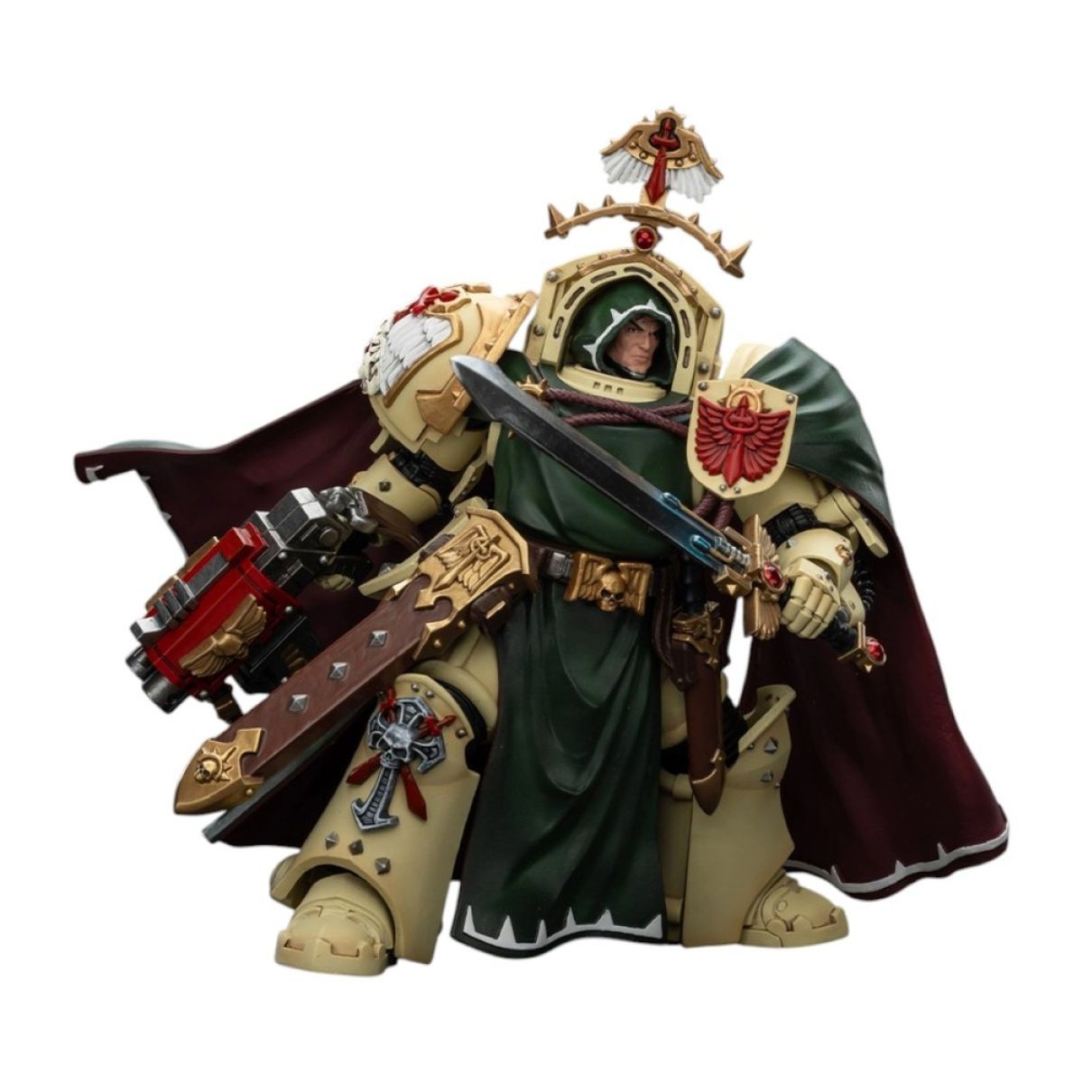 Detailed figure of a Terminator Space Marine in bone armor, green robes, holding a sword and heavy weapon