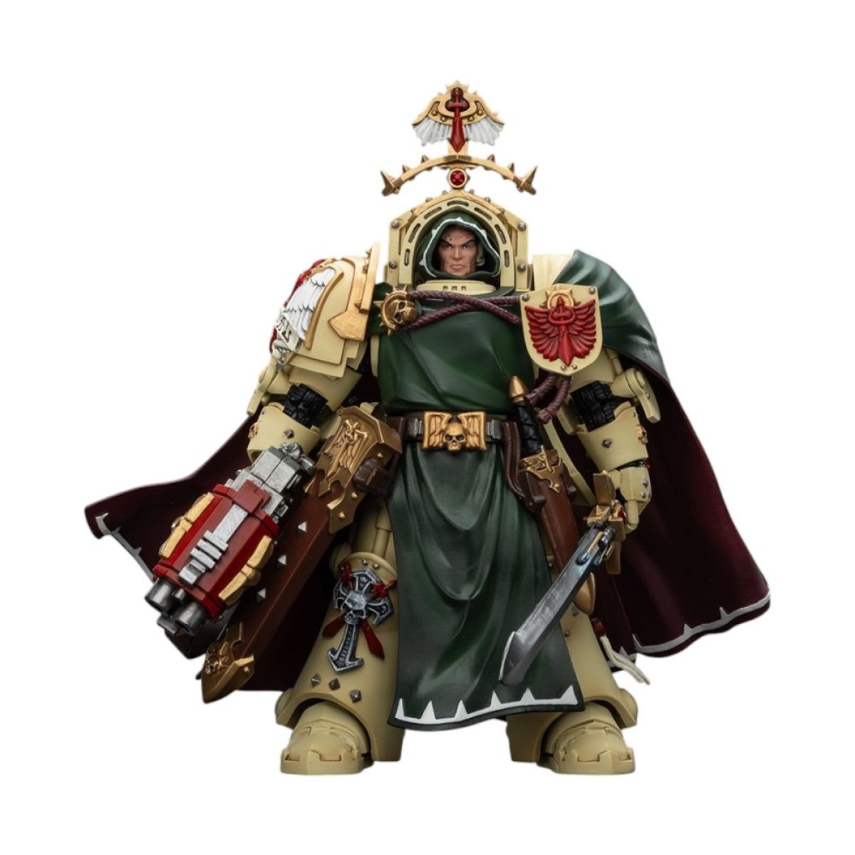 Warhammer 40K Dark Angel action figure in tan Terminator armor, green robes, and red cape, holding a weapon