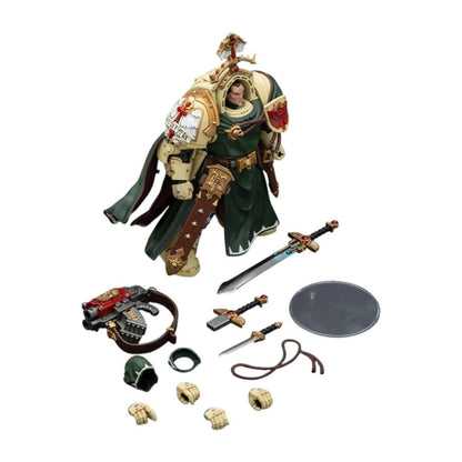 Warhammer 40K Dark Angel Space Marine action figure in bone and green armor, displayed with sword, pistol, and accessories