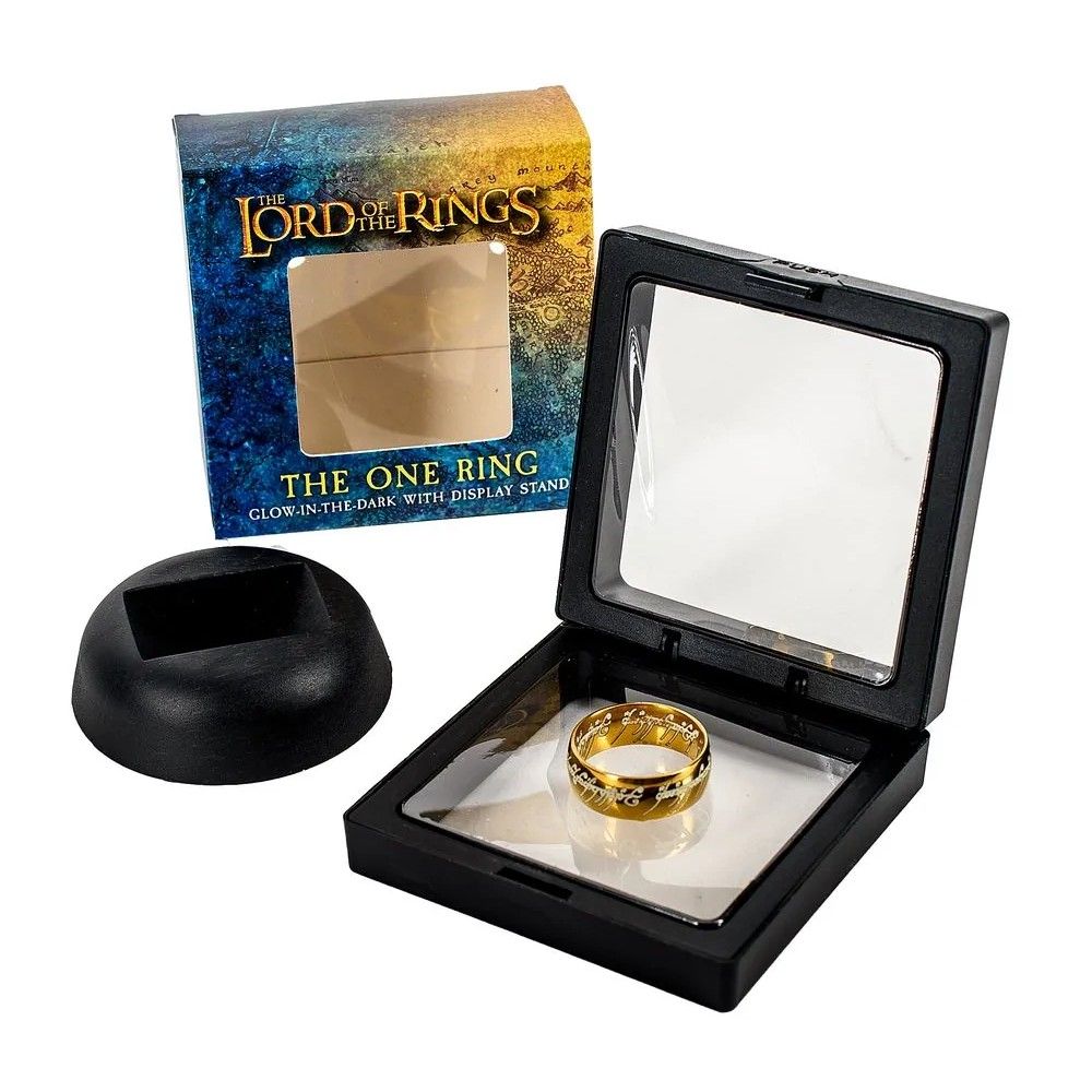 Gold Lord of the Rings "One Ring" replica shown in an open display box, next to the labelled packaging