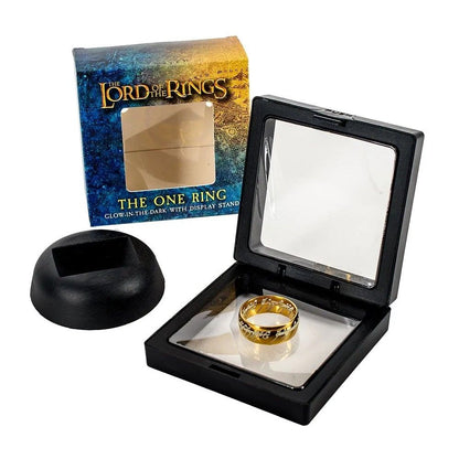 Gold Lord of the Rings "One Ring" replica shown in an open display box, next to the labelled packaging